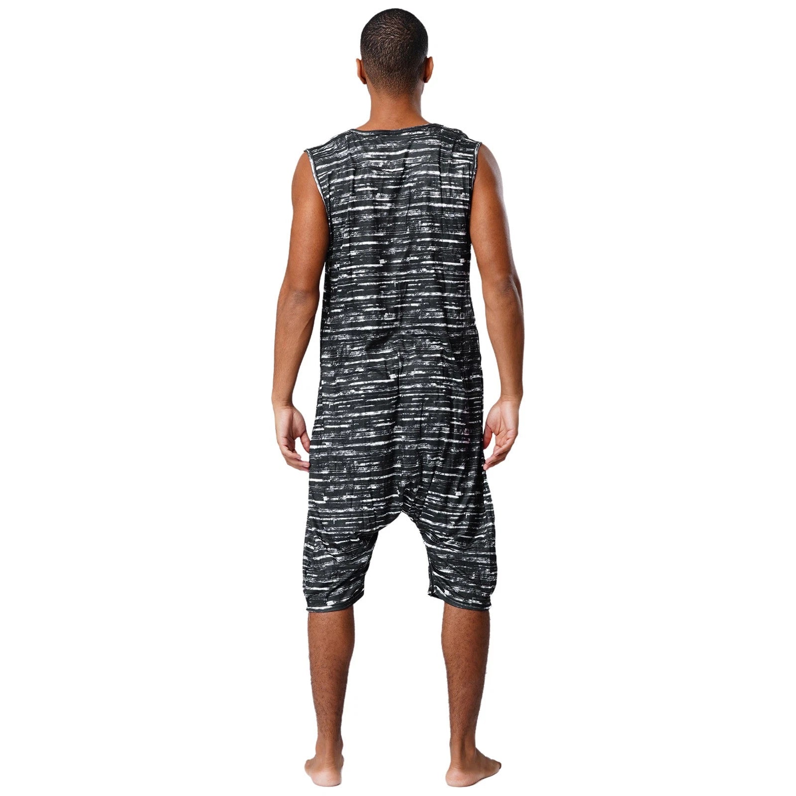 Men's Loose Romper Pajamas Jumpsuit Sleepwear Zipper Crotch One Piece Bodysuit