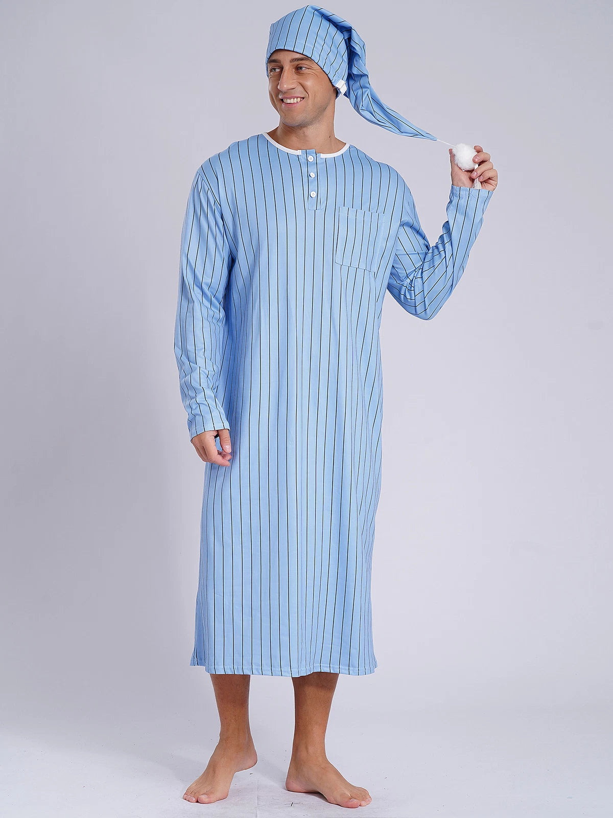 Men's Sissy Nightwear Loose Striped Robe Long Sleeve Nightshirt Cap Pajama Sets