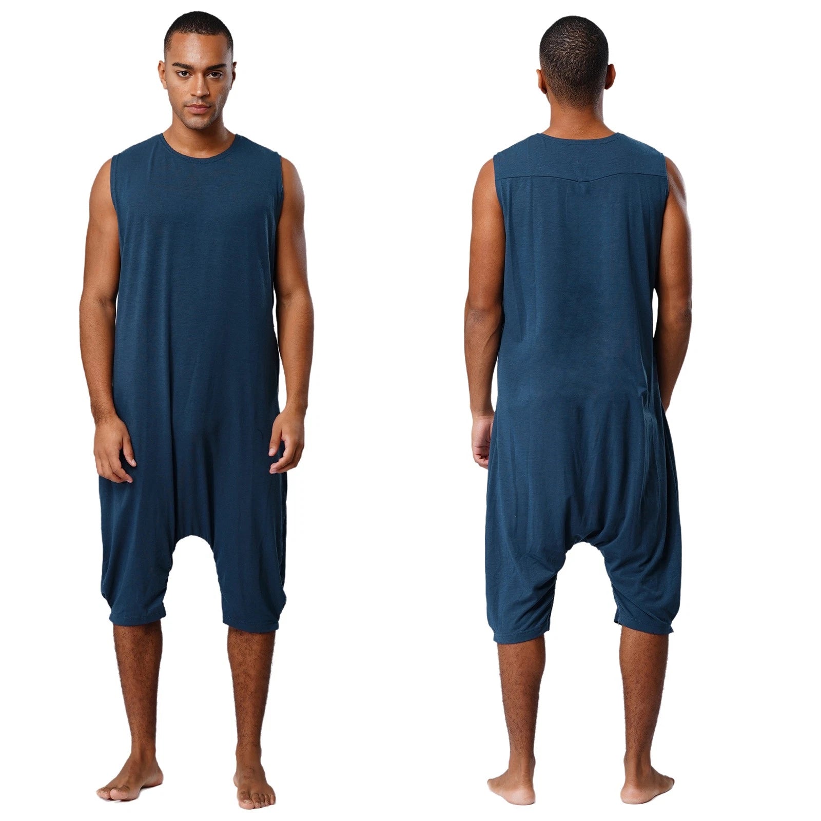 Men's Loose Romper Pajamas Jumpsuit Sleepwear Zipper Crotch One Piece Bodysuit