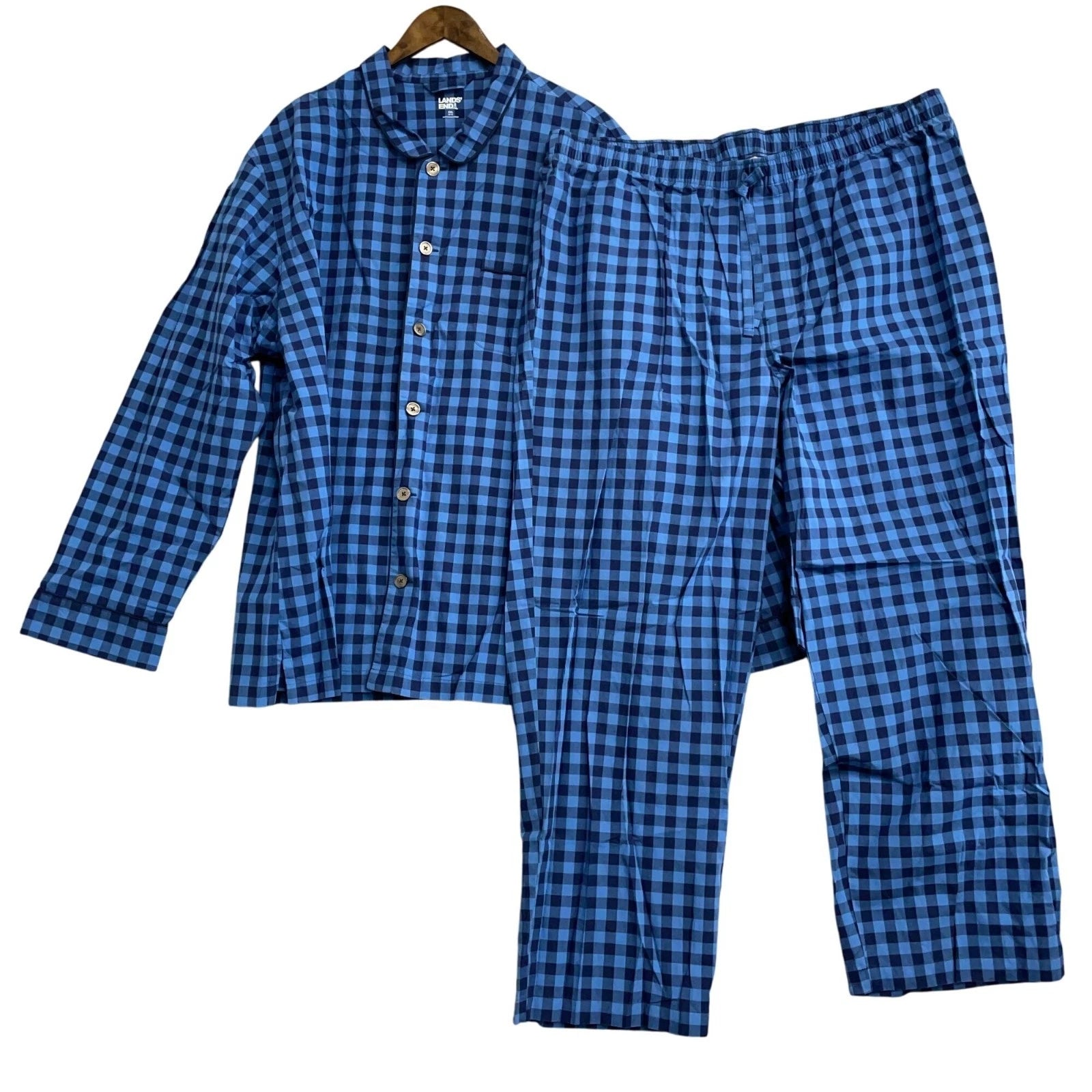 NWOT Lands' End Men's XXL Blue Check Pajama Set 100% Cotton