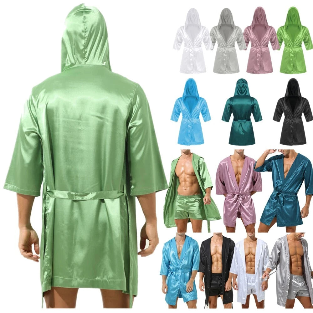Men's Silk Satin Pajamas Hooded Bathrobe with Belted Set Bath Robe Sleepwear
