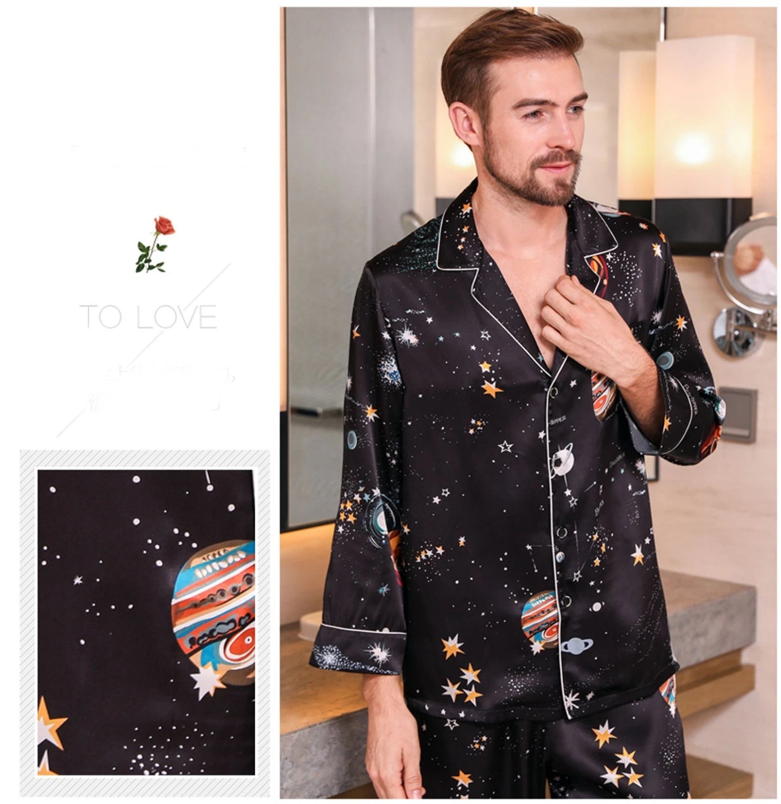 Men's 100% Pure Mulberry Silk Pajamas Set Print Silk Sleepwear Black
