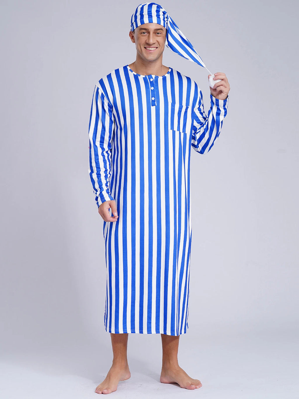 Men's Sissy Nightwear Loose Striped Robe Long Sleeve Nightshirt Cap Pajama Sets