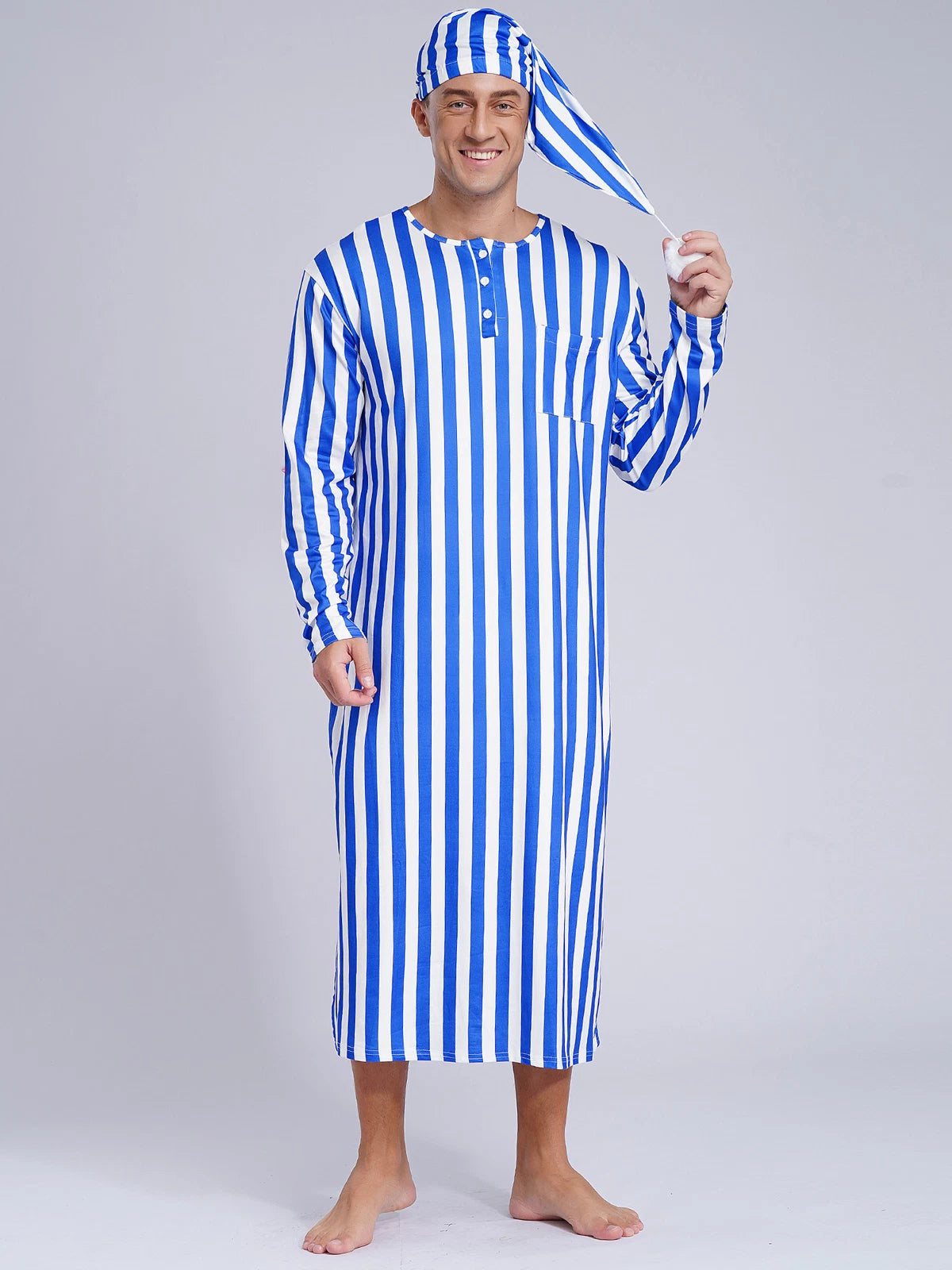 Men's Sissy Nightwear Loose Striped Robe Long Sleeve Nightshirt Cap Pajama Sets