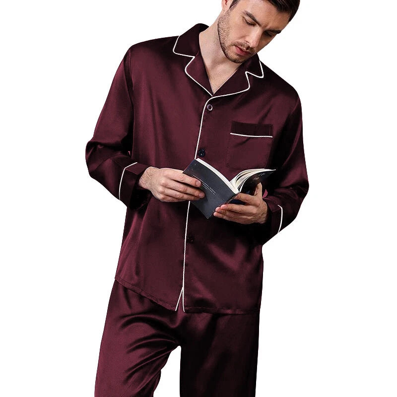 Mens Silk Satin Pajamas - PJ Set Top and Bottom - Burgundy White Piping