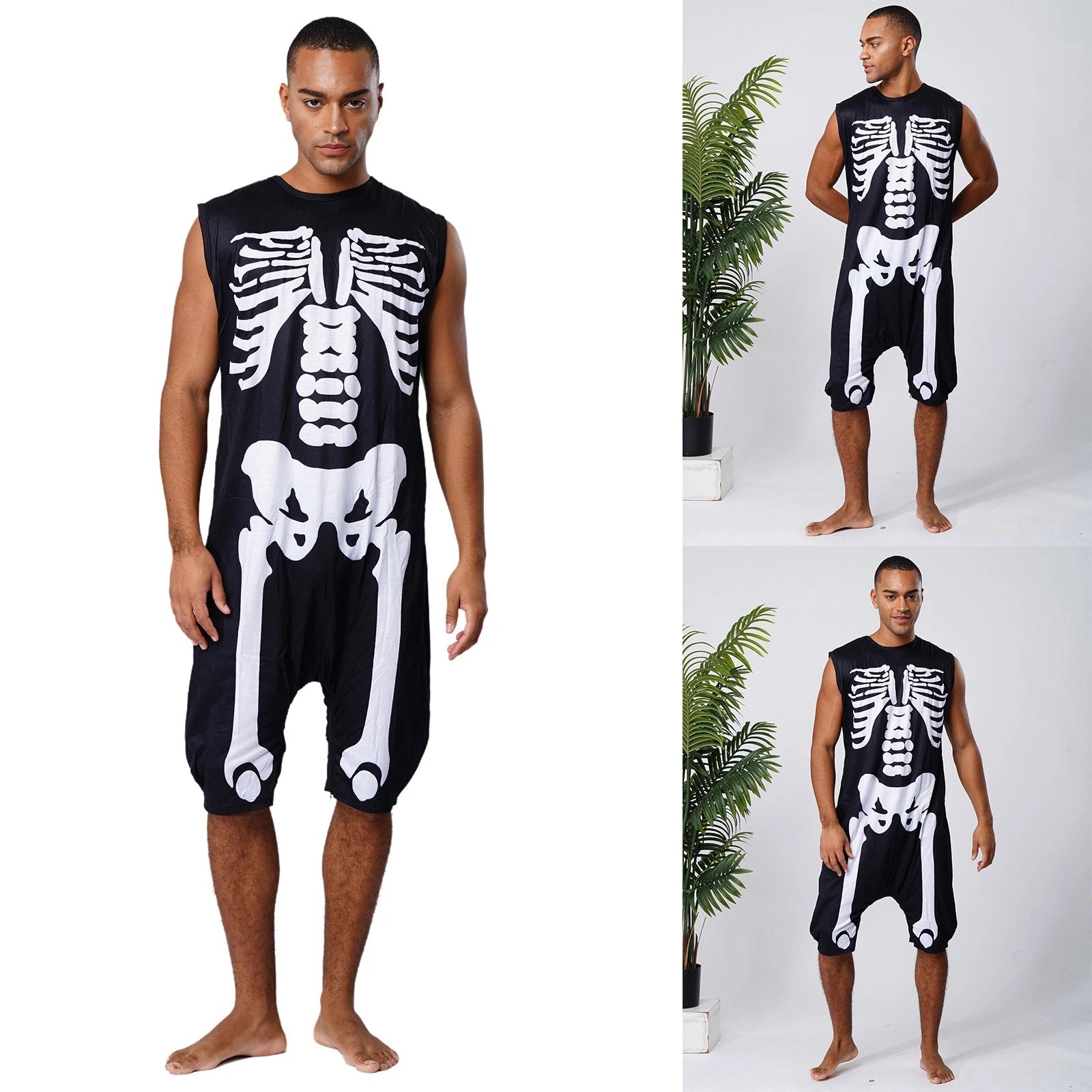 Men's Loose Romper Pajamas Jumpsuit Sleepwear Zipper Crotch One Piece Bodysuit