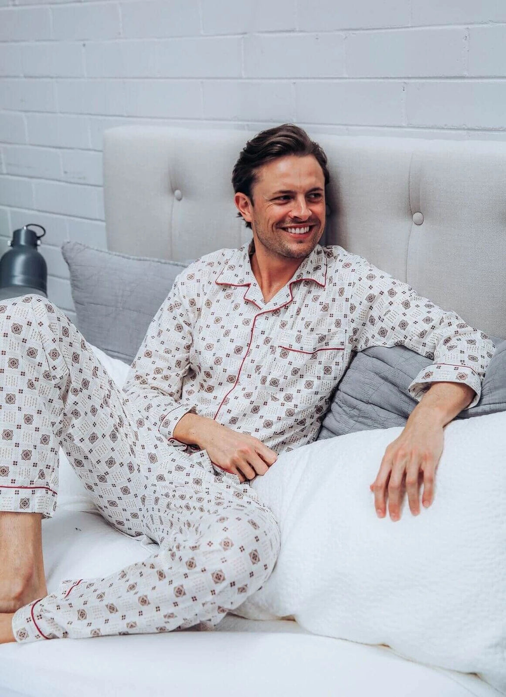 Mens Brown Checks Long Sleeve Lightweight Cotton Long Pjs Pyjama Set