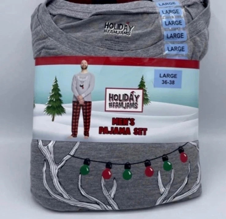 NWT mens L PAJAMAS Buffalo Plaid red Long Sleeve Shirt & Pant reindeer 2 piece