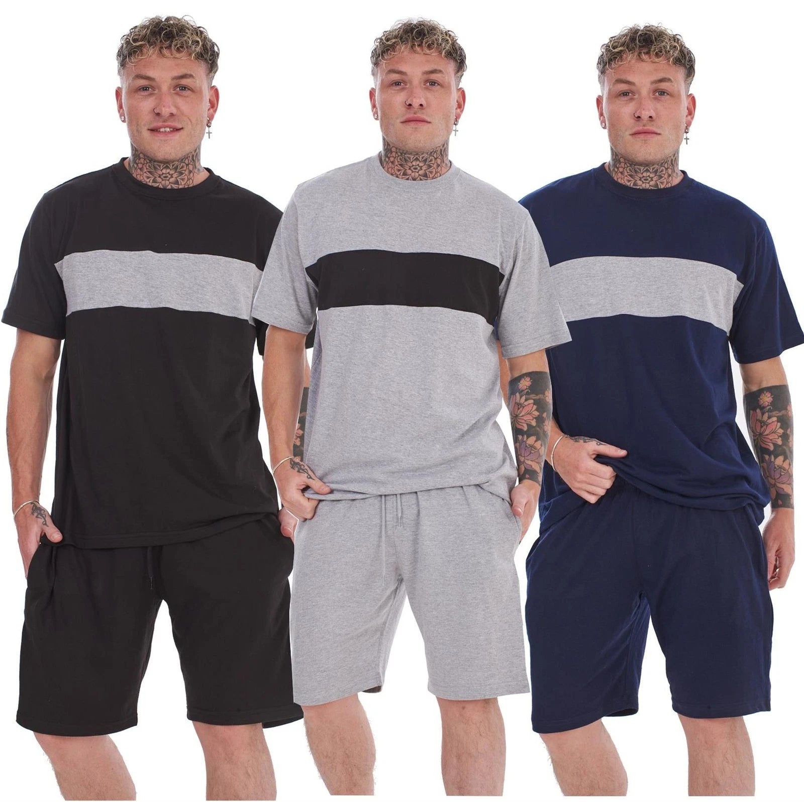 Pyjama Set Shorts Cotton Jersey Round Neck Loungewear Striped T-Shirt Nightwear