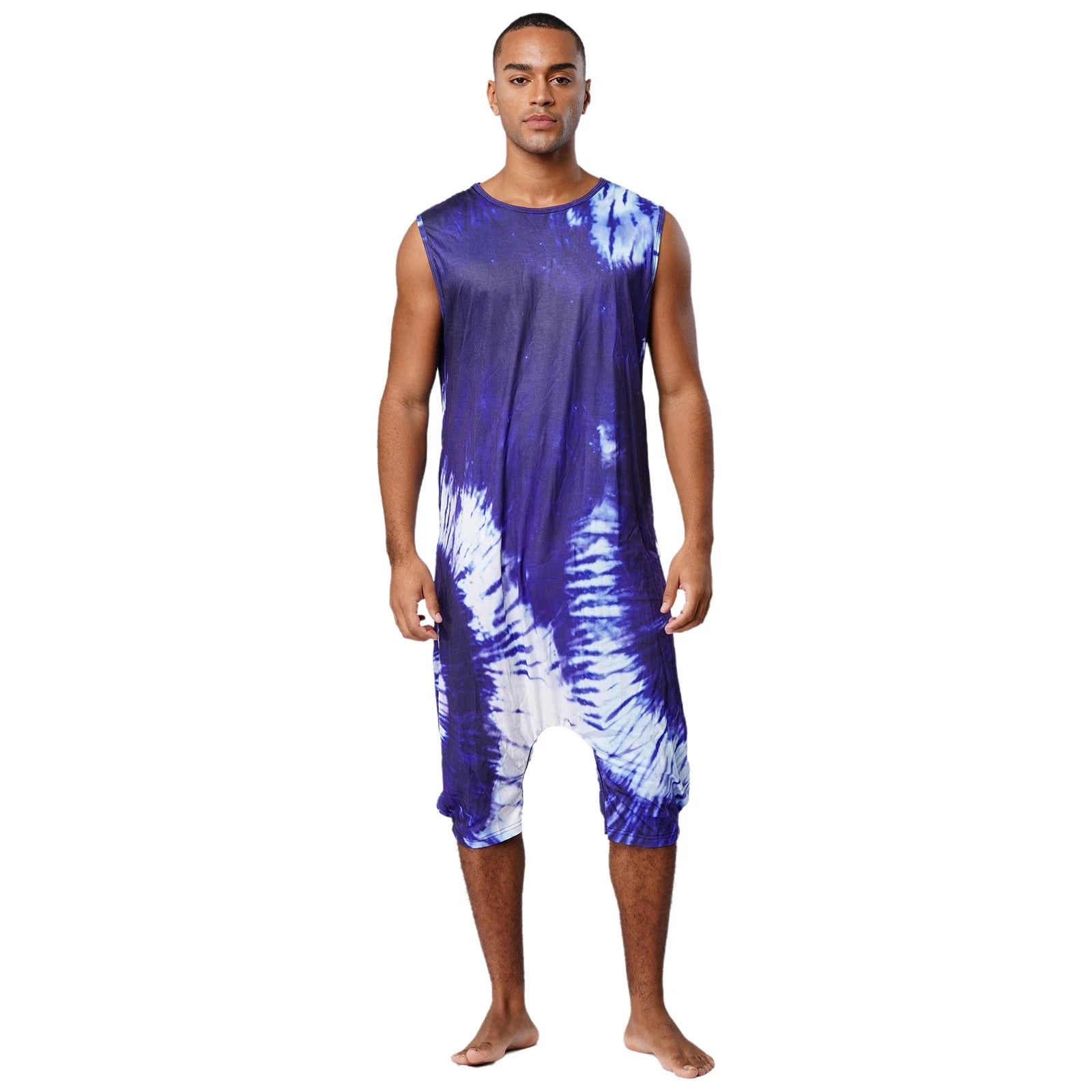 Men's Loose Romper Pajamas Jumpsuit Sleepwear Zipper Crotch One Piece Bodysuit