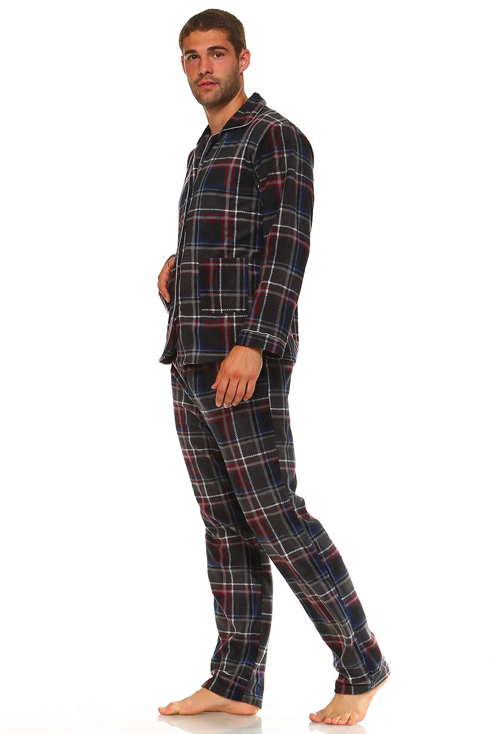 Men's Long Sleeve Pajama Lounge Set Comfortable PJ's Soft Fleece Plaid Sleepwear