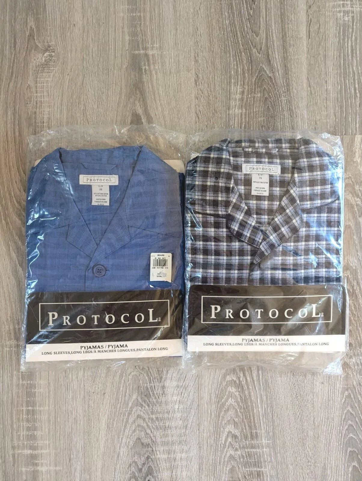 Lot 2: VINTAGE Pajama Set Mens S Long Sleeve BLUE Plaid Tartan Sears Protocol