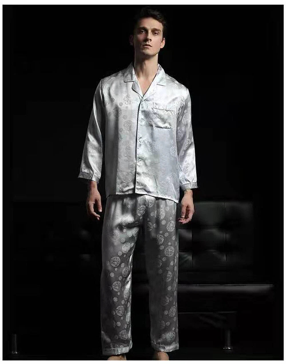 Men's 100% Mulberry Silk Pajamas Set Long Sleeves Silk Sleepwear S M L