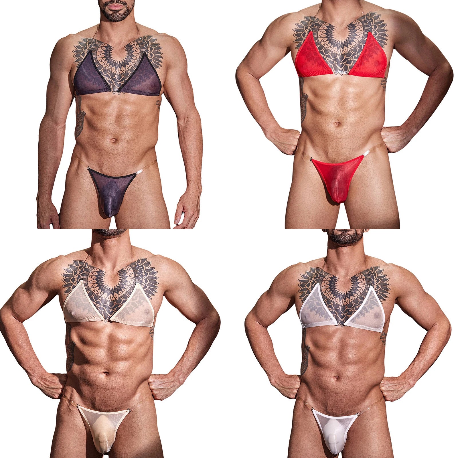 Man Nightwear See Through Set Gay Crossdress Transparent Lingerie Silky Satin