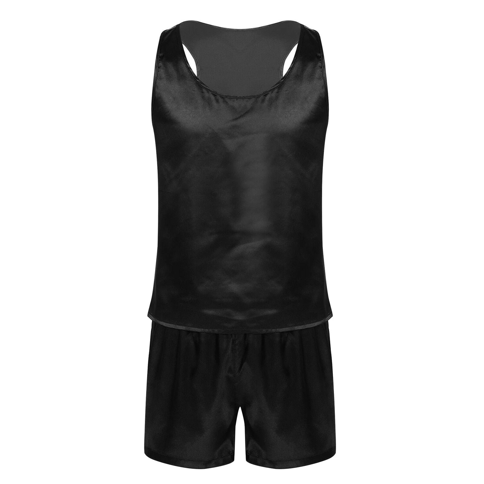 Mens Satin Pajamas Set Lounge Shorts Tank Top Silk Shirt Sleepwear Nightwear