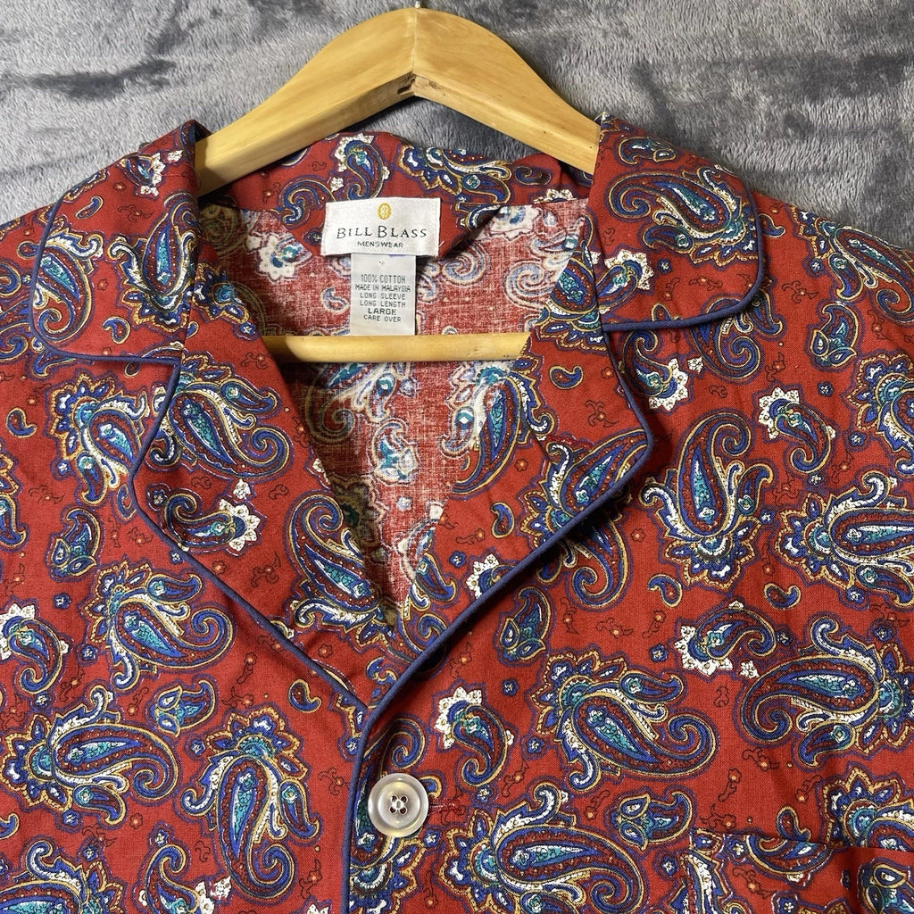 Bill Blass Men’s Pajama Set 2 Piece Paisley Print Blue Red Large 100% Cotton