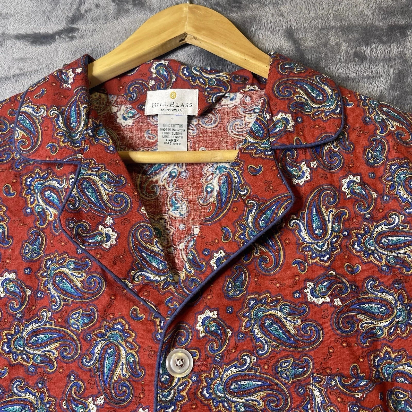 Bill Blass Men’s Pajama Set 2 Piece Paisley Print Blue Red Large 100% Cotton