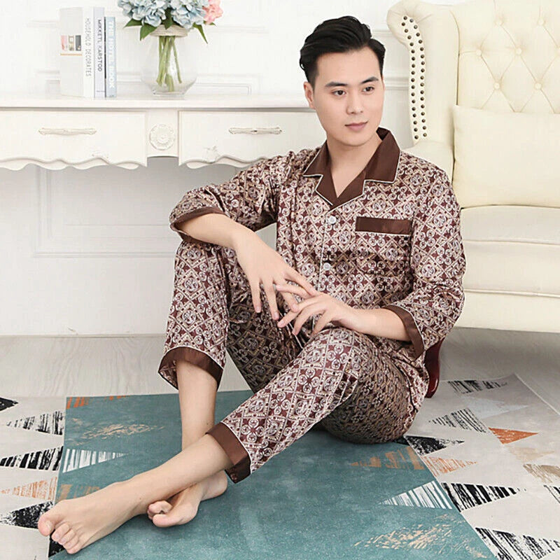 Men Silk Satin Pajamas Set Pyjamas Luxury Set Long Sleeve Sleepwear Loungewear*n