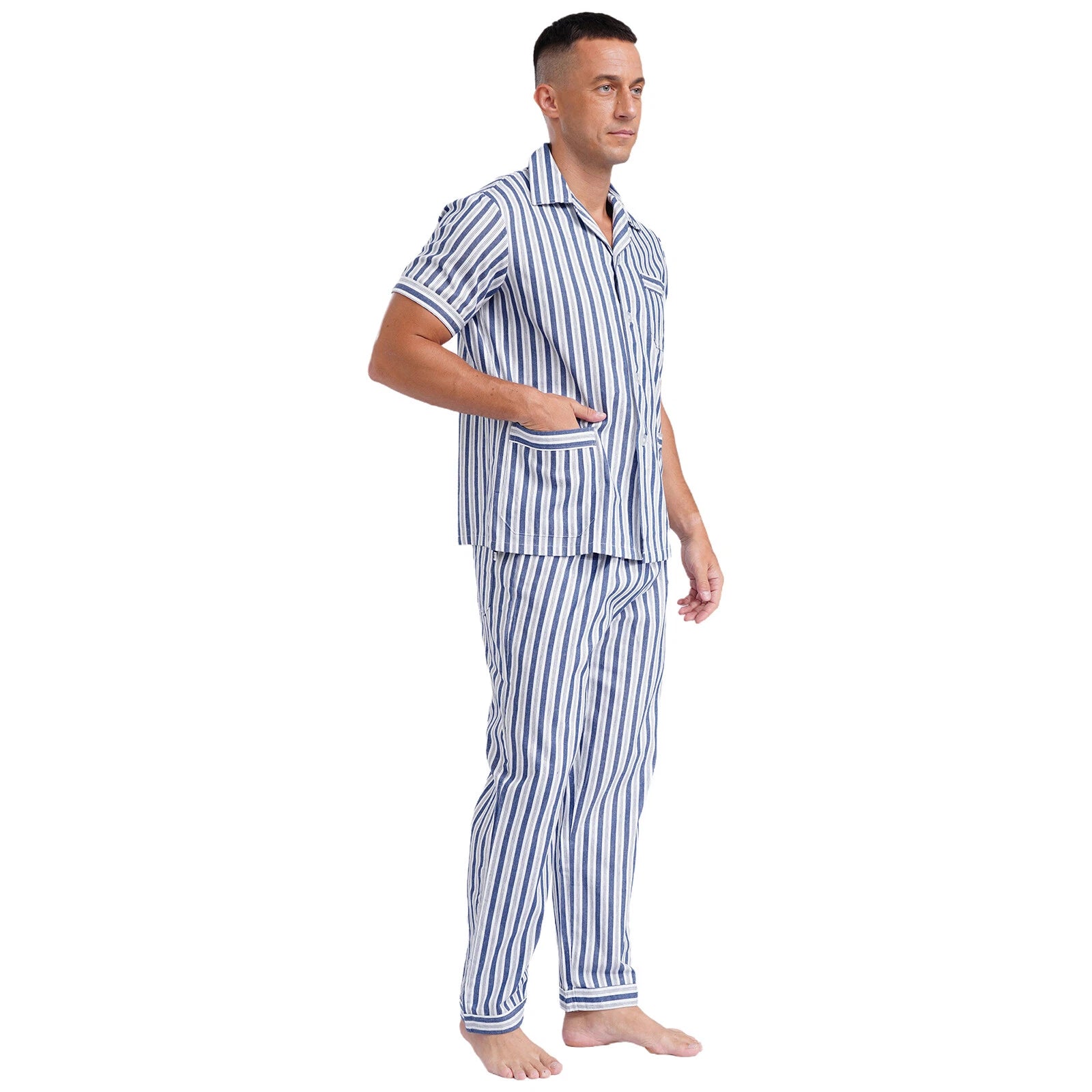 Mens Pajama Set Button Down Sleepwear Shirt Homewear Striped Nightgown Pockets