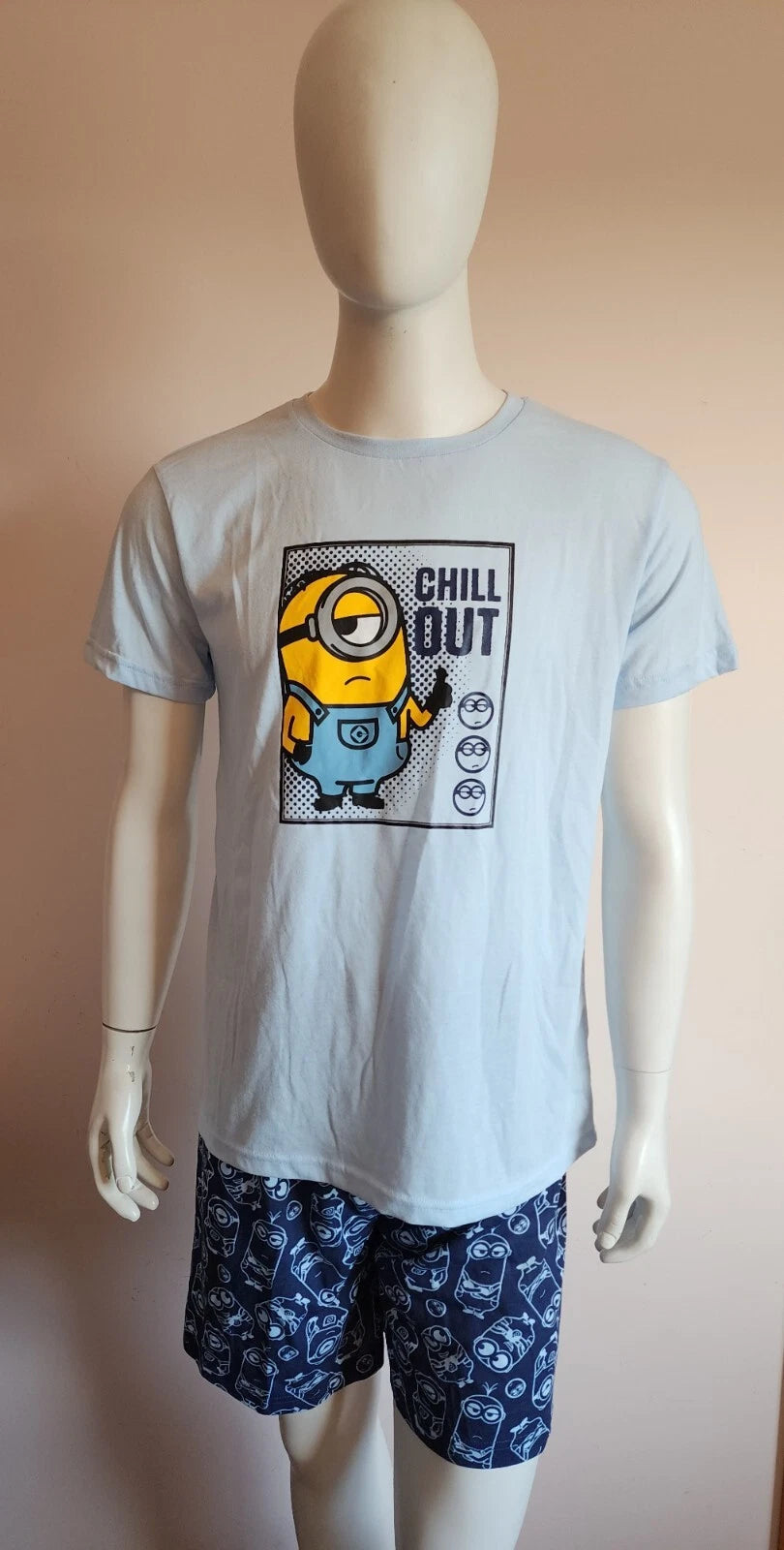Minions Mens Chill Out Blue Printed 2 Piece Short Sleeve Pyjama Set Size L New
