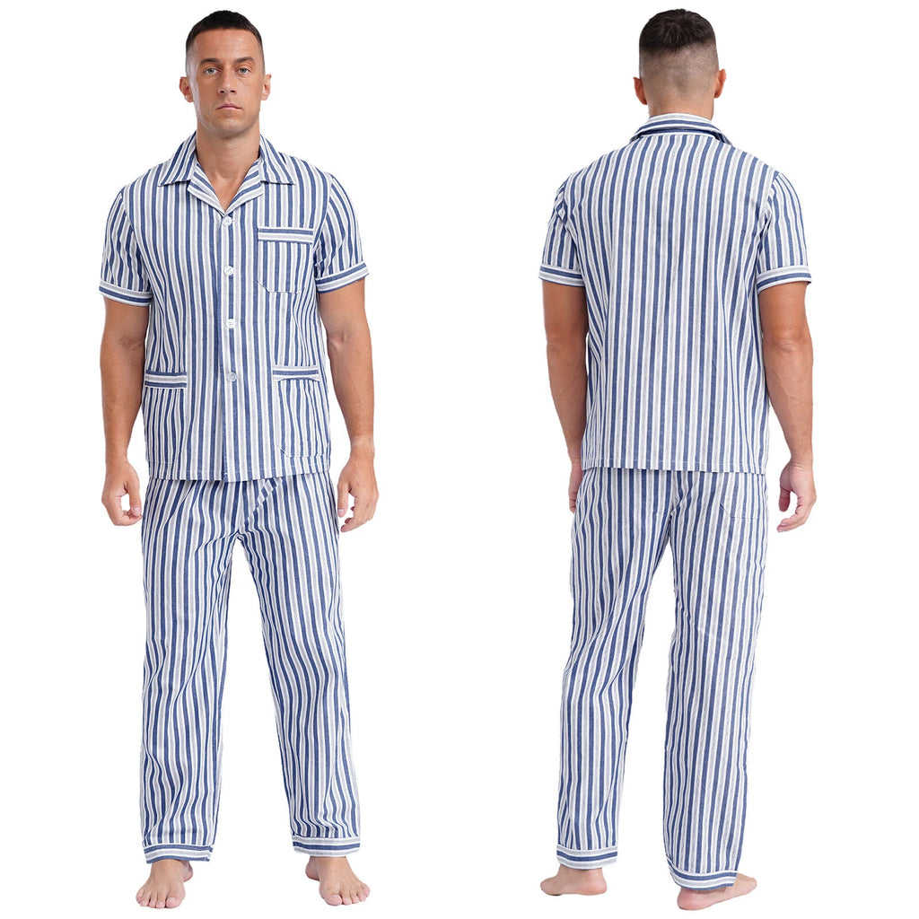 Mens Pajama Set Button Down Sleepwear Shirt Homewear Striped Nightgown Pockets