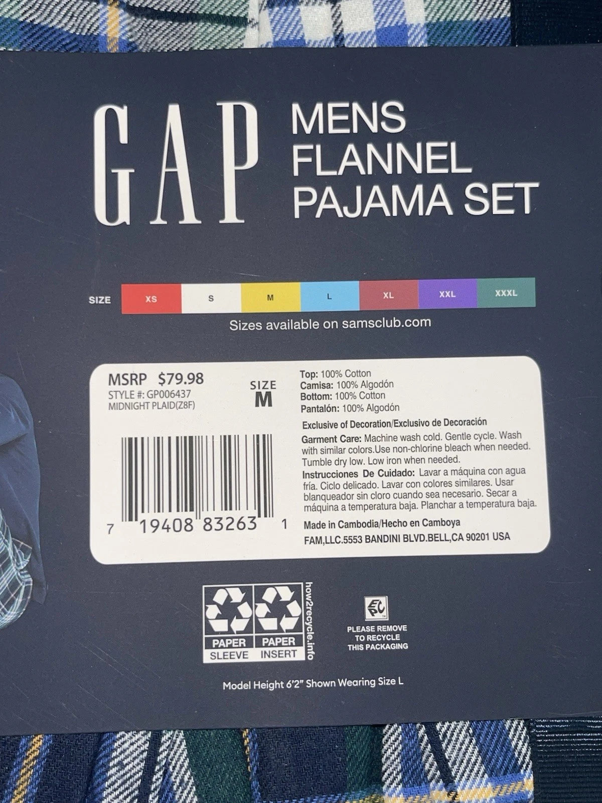 GAP MEN’S FLANNEL PAJAMA Set Size Medium Blue Plaid New With Tags