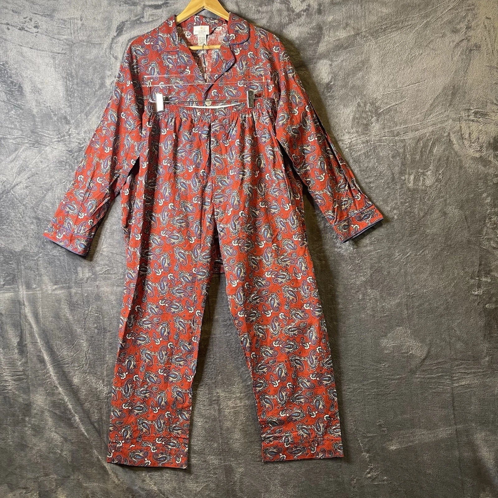 Bill Blass Men’s Pajama Set 2 Piece Paisley Print Blue Red Large 100% Cotton