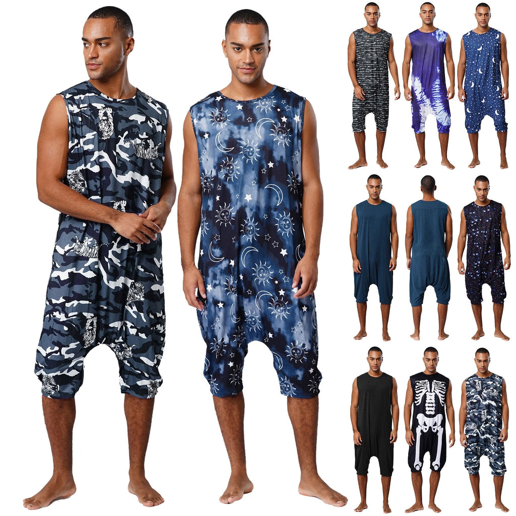 Men's Loose Romper Pajamas Jumpsuit Sleepwear Zipper Crotch One Piece Bodysuit