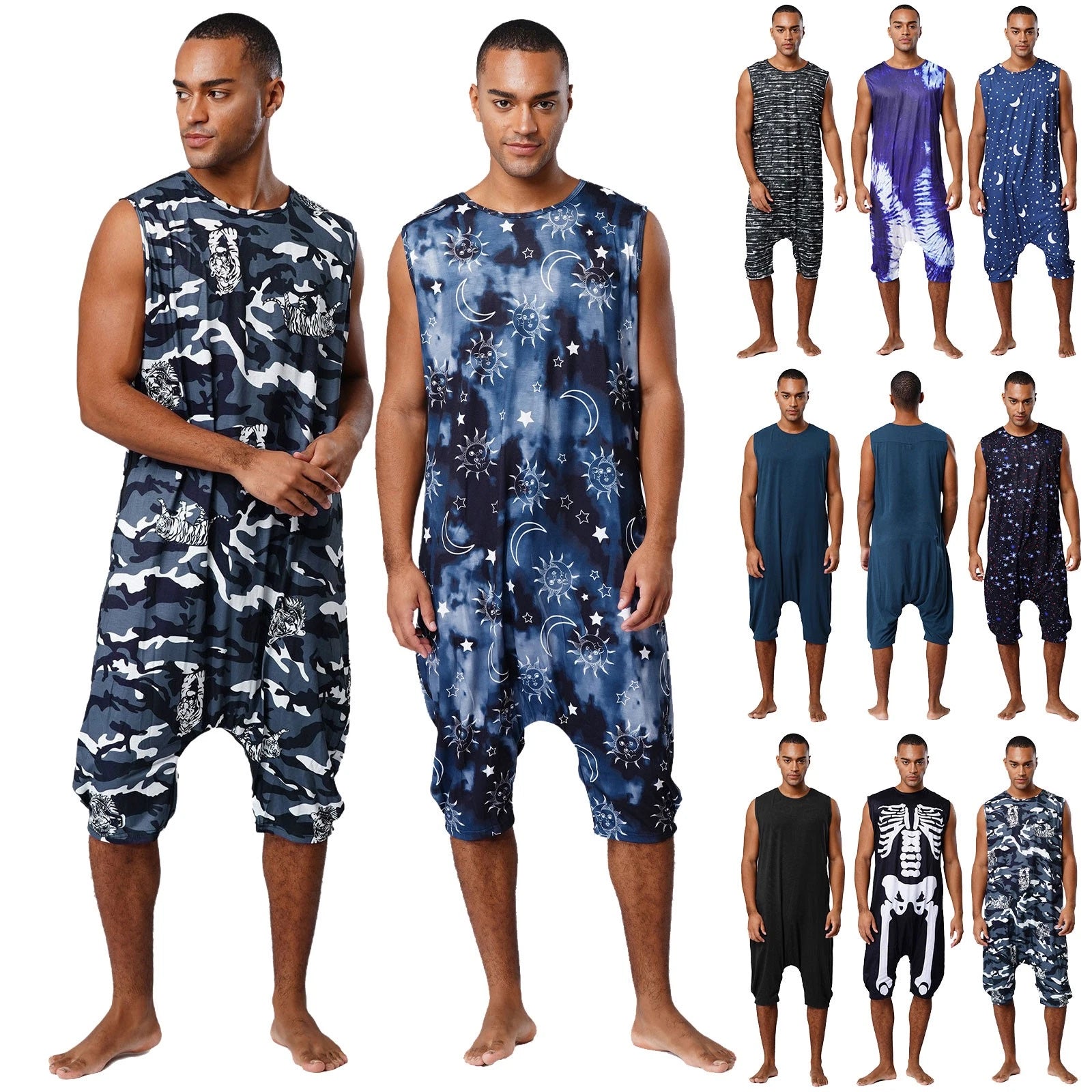 Men's Loose Romper Pajamas Jumpsuit Sleepwear Zipper Crotch One Piece Bodysuit