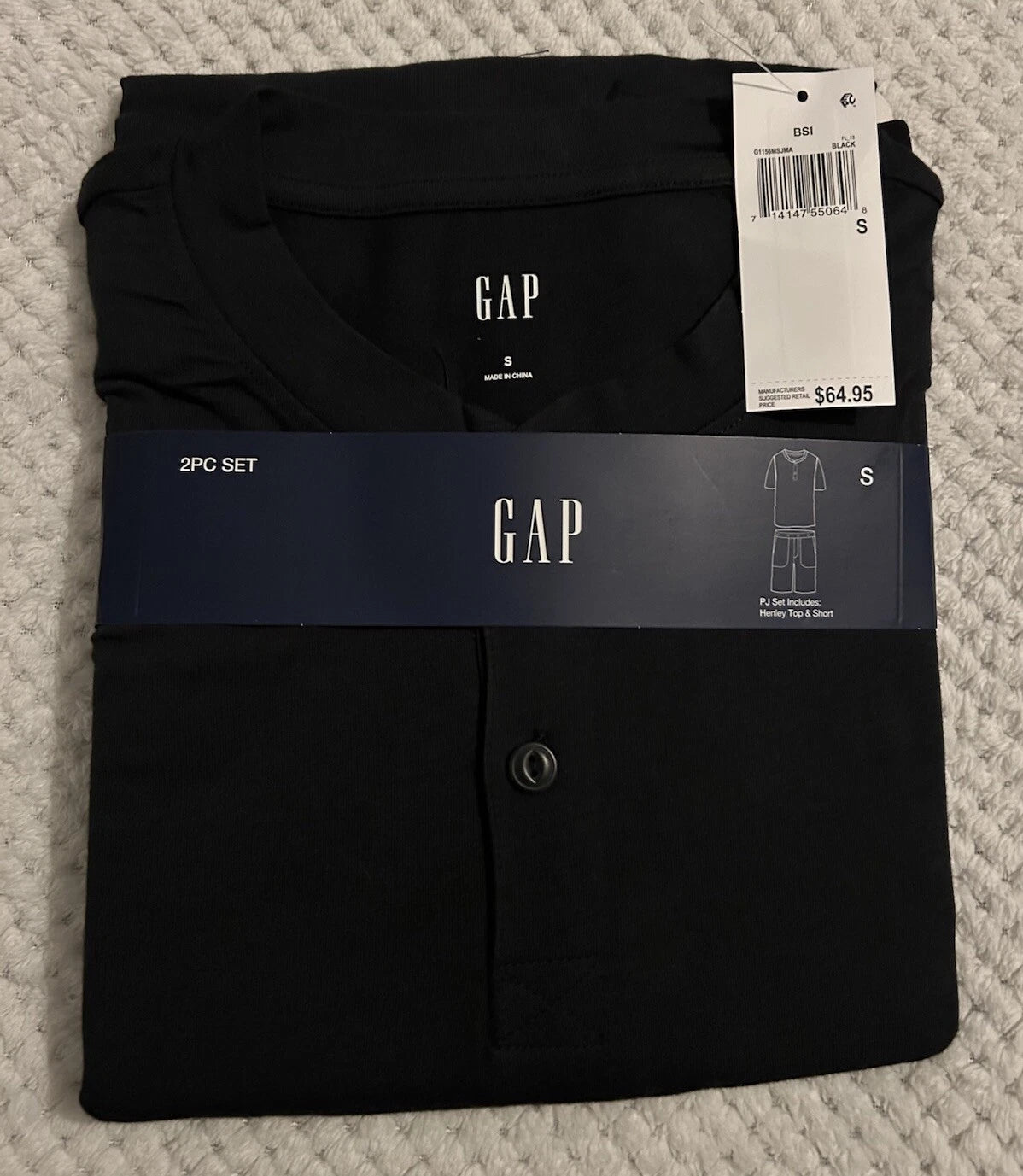 GAP Men's 2-Pc. Heathered Henley Shirt & Shorts Pajama Set. Small. Black. New