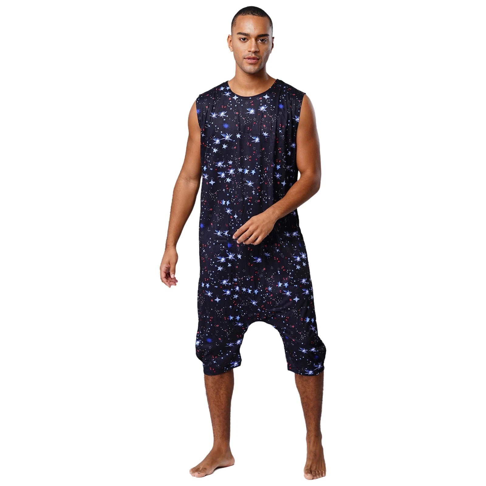 Men's Loose Romper Pajamas Jumpsuit Sleepwear Zipper Crotch One Piece Bodysuit