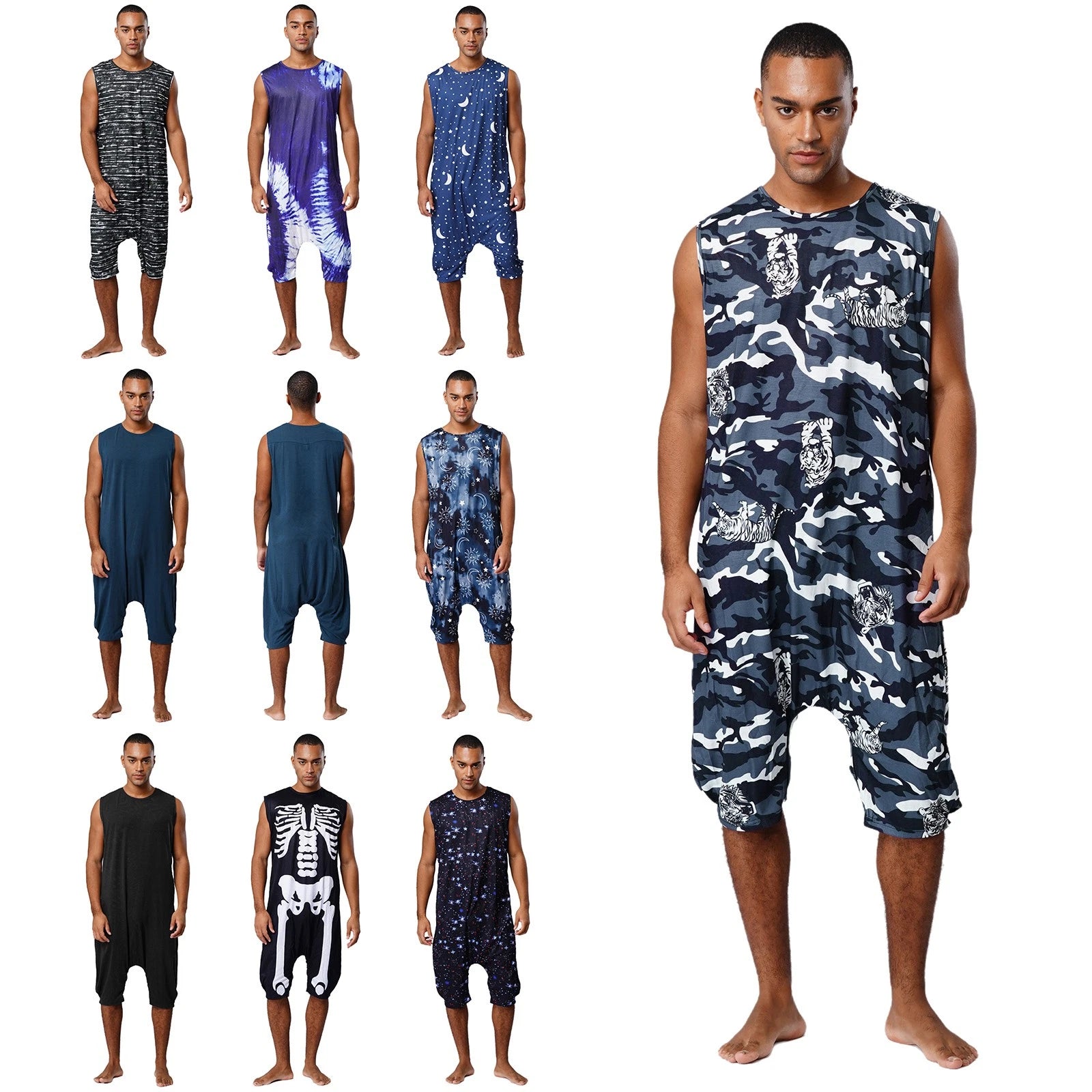 Men's Loose Romper Pajamas Jumpsuit Sleepwear Zipper Crotch One Piece Bodysuit