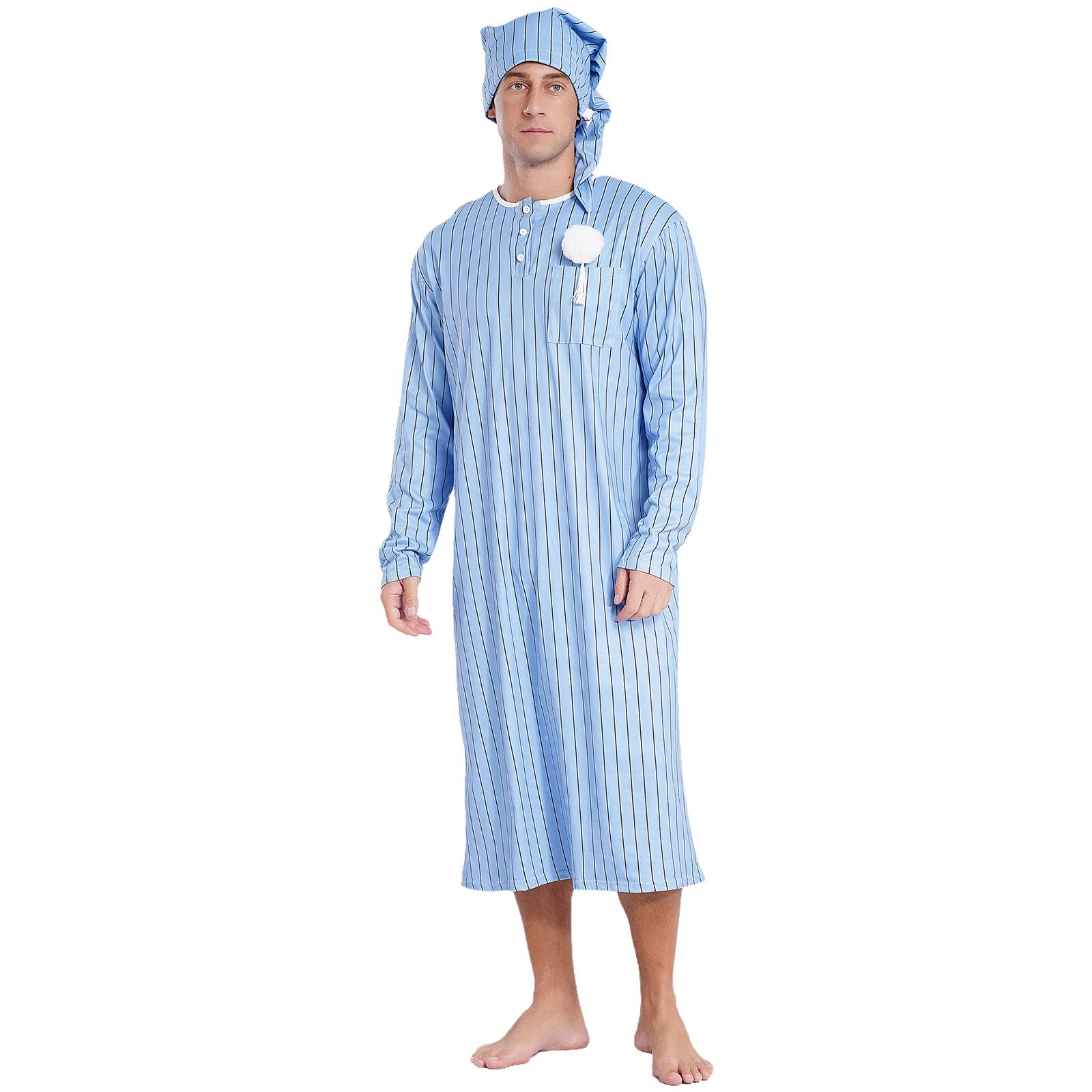 Men's Sissy Nightwear Loose Striped Robe Long Sleeve Nightshirt Cap Pajama Sets