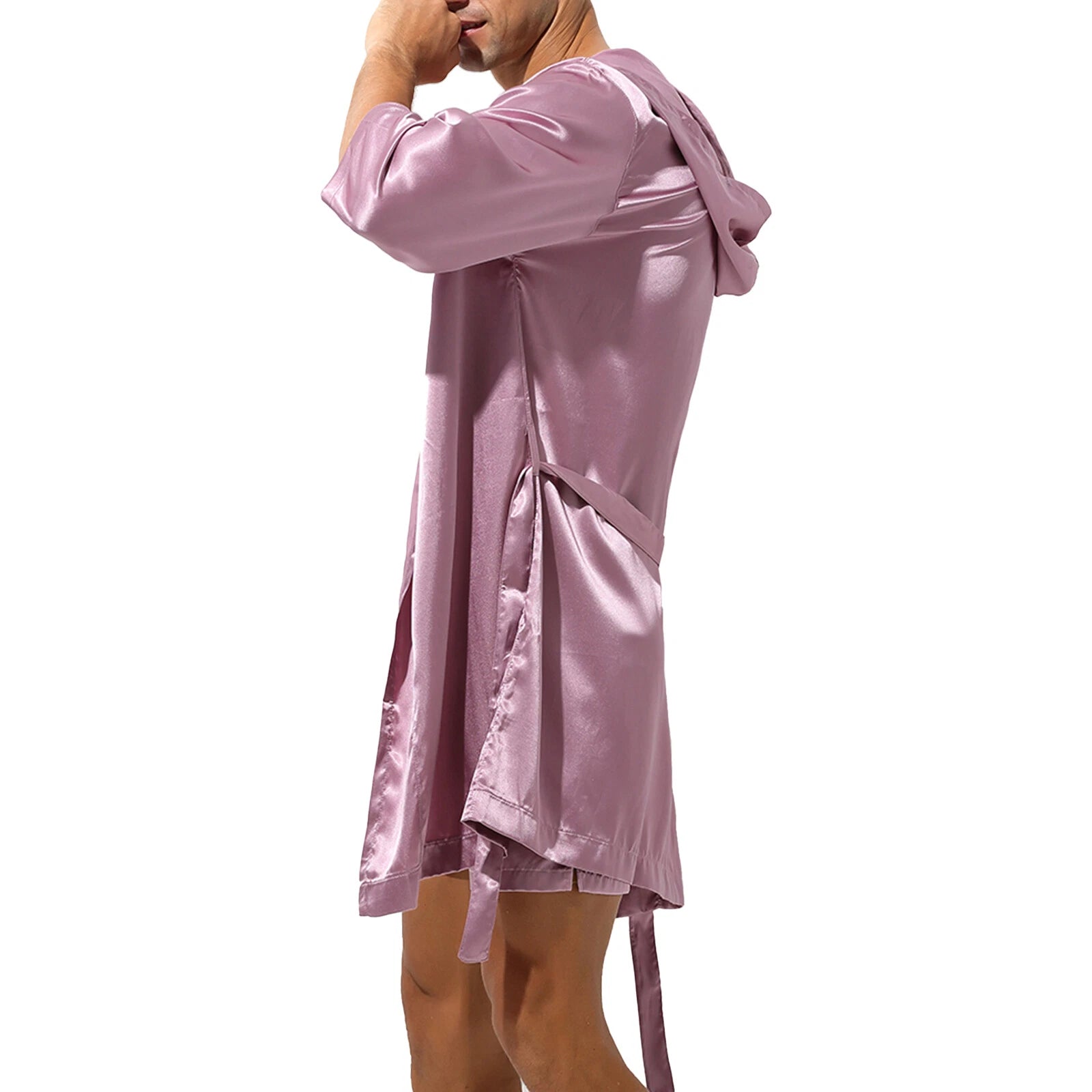 Mens Robes Silky Satin Hooded Bathrobe Luxurious Pyjama Set Nightgowns Sleepwear