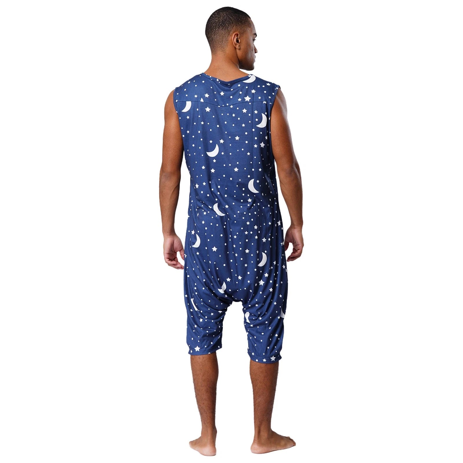Men's Loose Romper Pajamas Jumpsuit Sleepwear Zipper Crotch One Piece Bodysuit