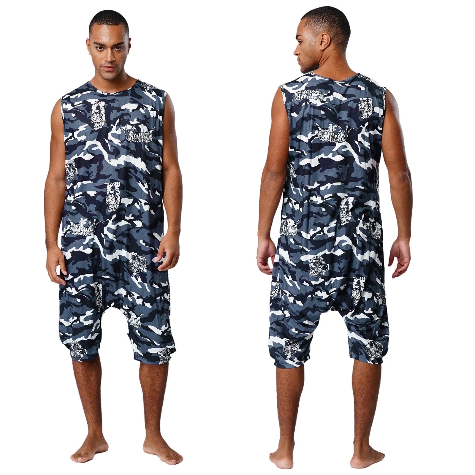 Men's Loose Romper Pajamas Jumpsuit Sleepwear Zipper Crotch One Piece Bodysuit
