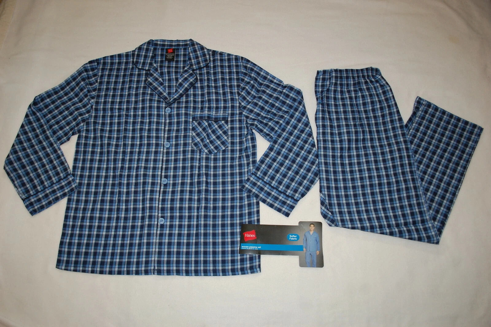 Mens L/S Pajama Set BLUE & NAVY CHECKER PLAID Button Up Shirt, Pants S M L XL 2X