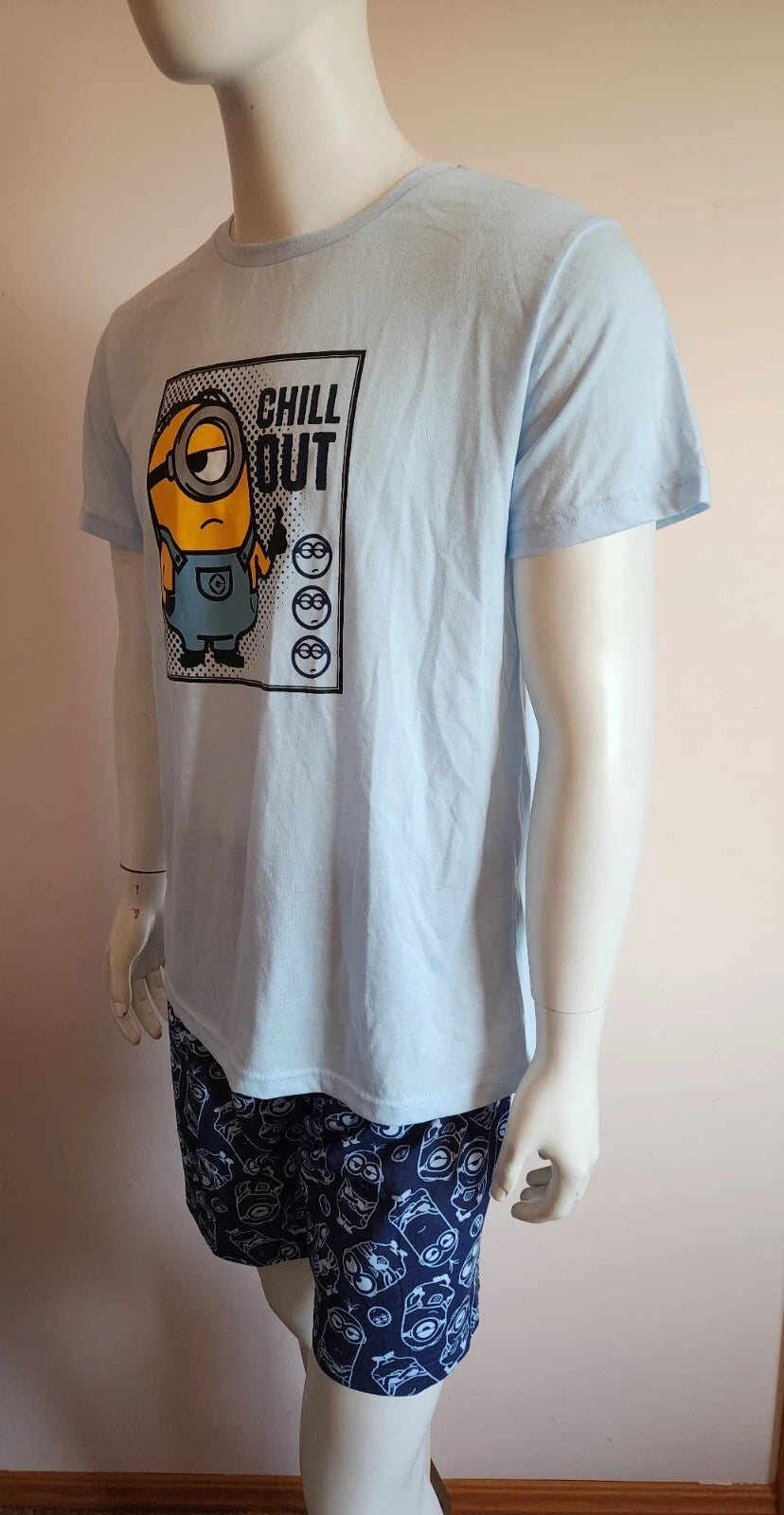 Minions Mens Chill Out Blue Printed 2 Piece Short Sleeve Pyjama Set Size L New