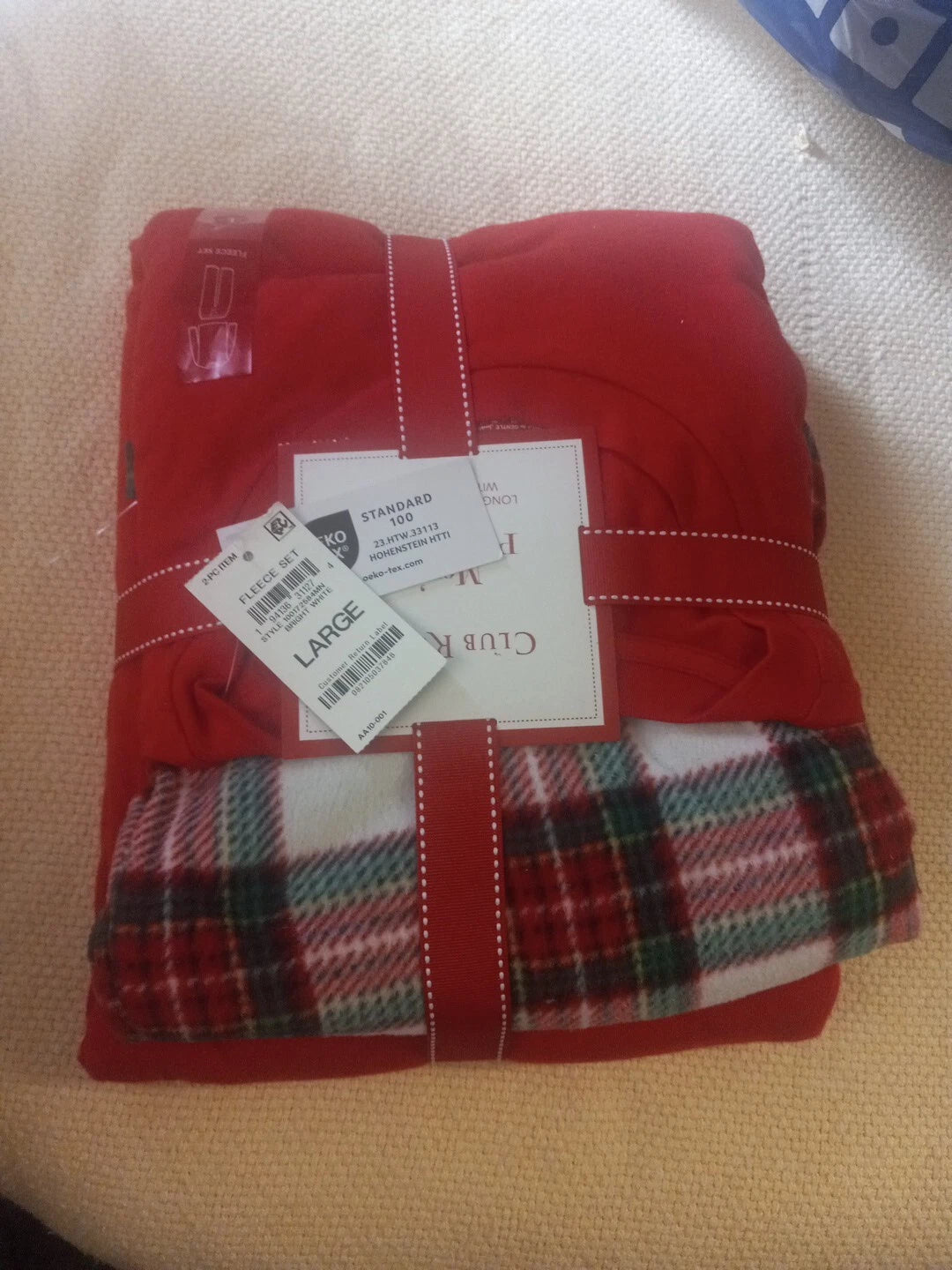 Club Room Men's Plaid Fleece Pajama Top Pants Set Red Plaid Large.        J1
