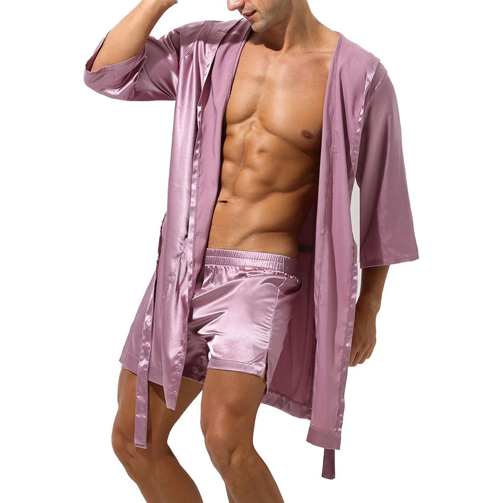 Mens Robes Silky Satin Hooded Bathrobe Luxurious Pyjama Set Nightgowns Sleepwear