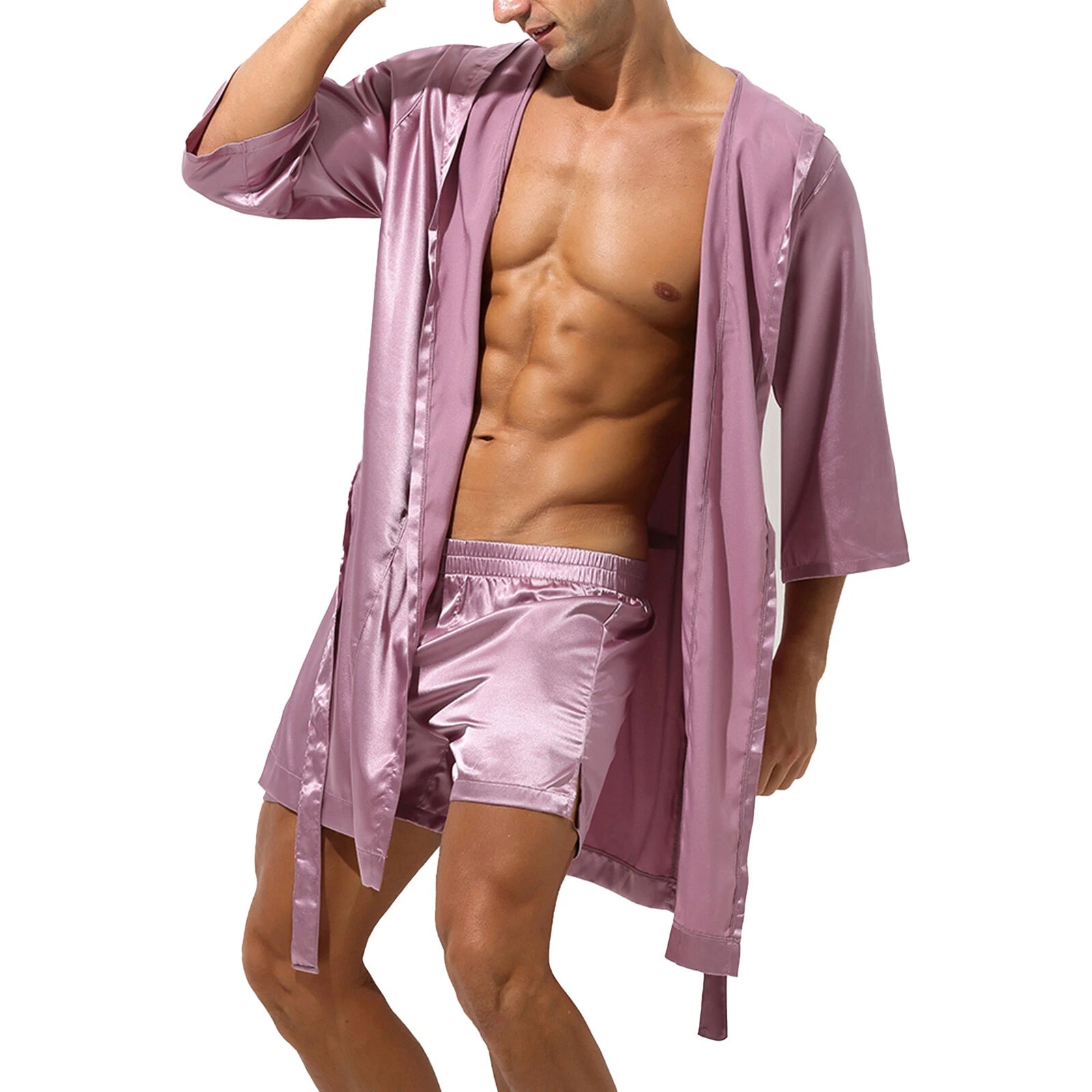 Mens Robes Silky Satin Hooded Bathrobe Luxurious Pyjama Set Nightgowns Sleepwear
