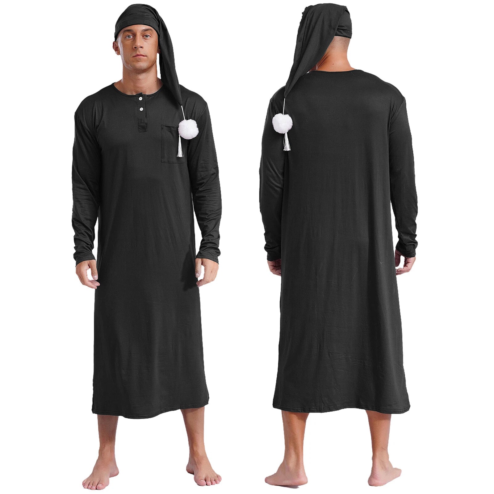 Men's Sissy Nightwear Loose Striped Robe Long Sleeve Nightshirt Cap Pajama Sets