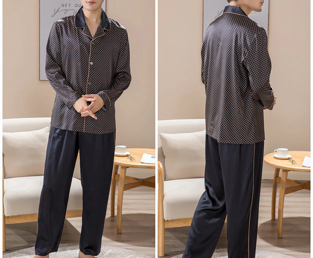 Men's 19MM 100% Silk Pajamas Set Long Sleeves Silk Sleepwear S M L