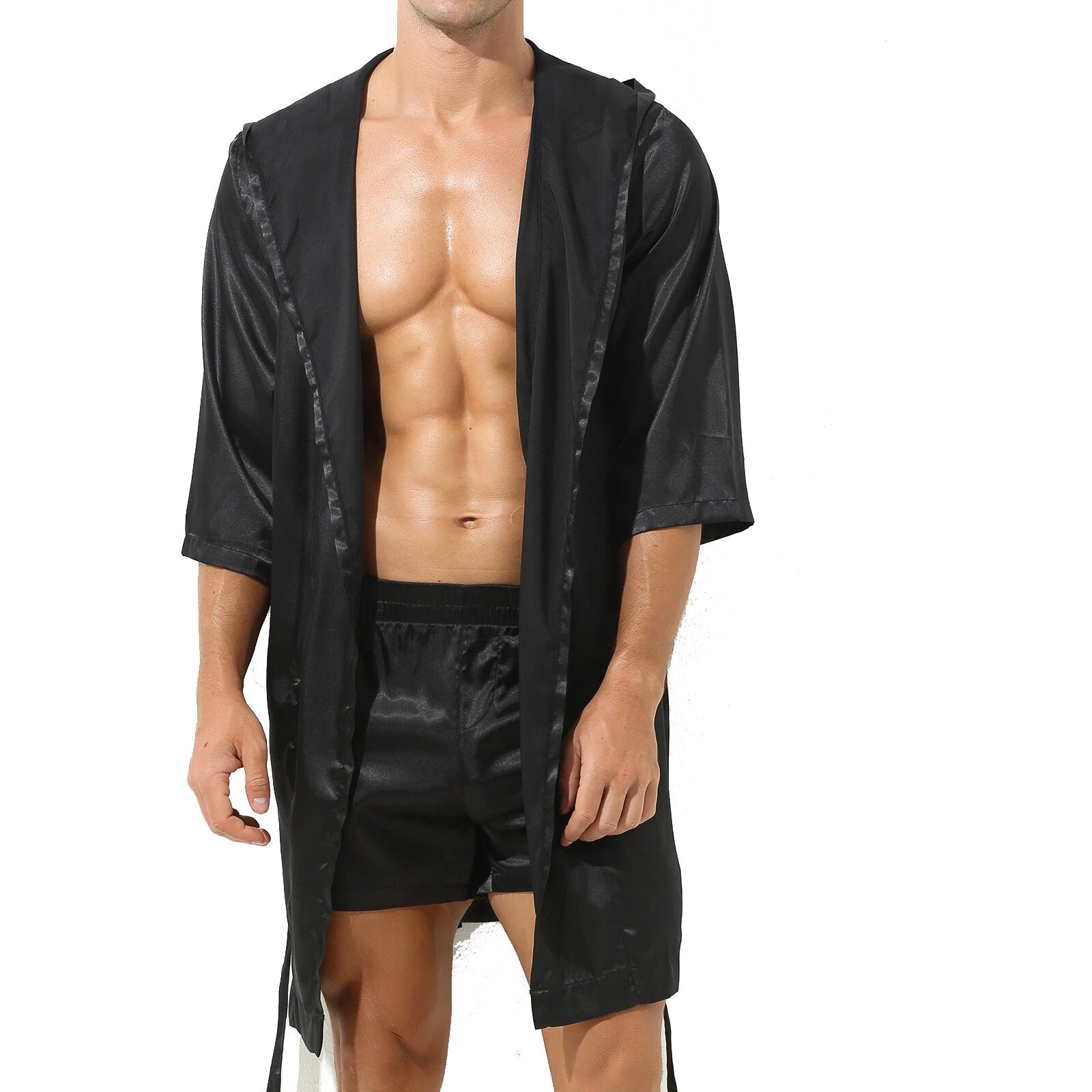 Men's Silk Satin Pajamas Hooded Bathrobe with Belted Set Bath Robe Sleepwear