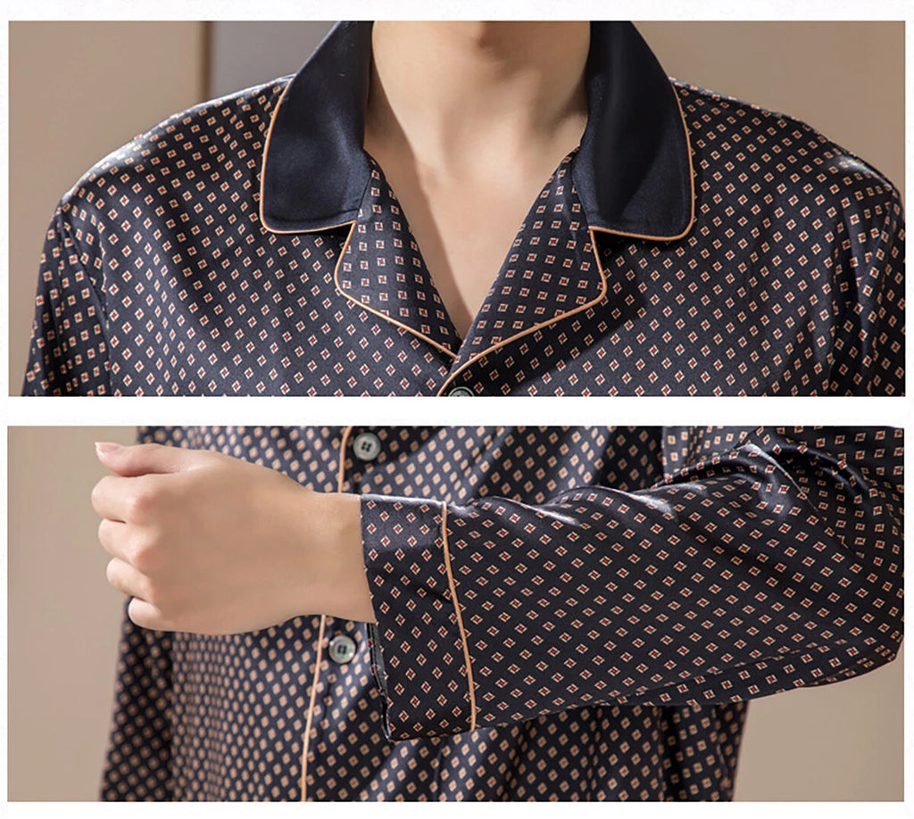 Men's 19MM 100% Silk Pajamas Set Long Sleeves Silk Sleepwear S M L