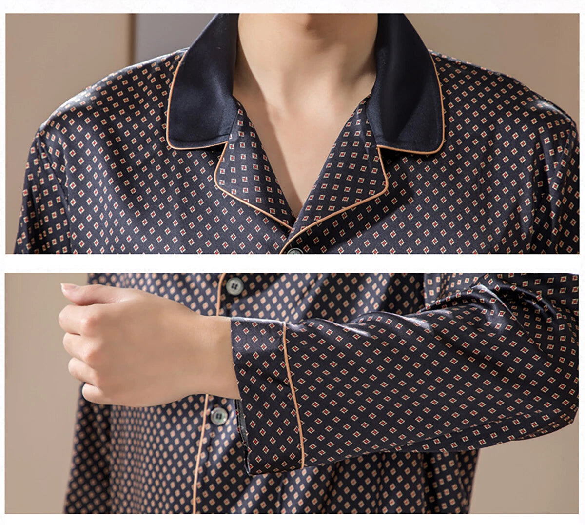 Men's 19MM 100% Silk Pajamas Set Long Sleeves Silk Sleepwear S M L