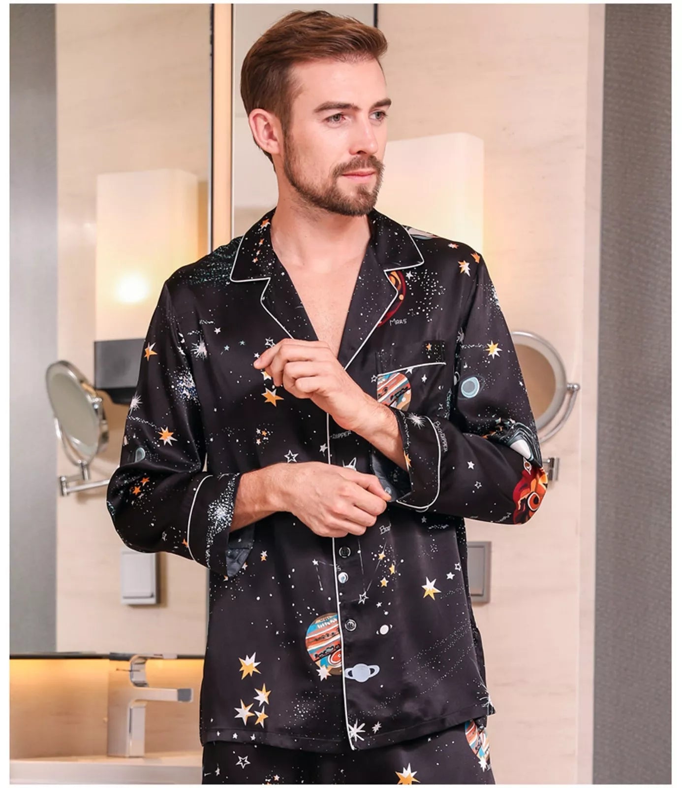 Men's 100% Pure Mulberry Silk Pajamas Set Print Silk Sleepwear Black