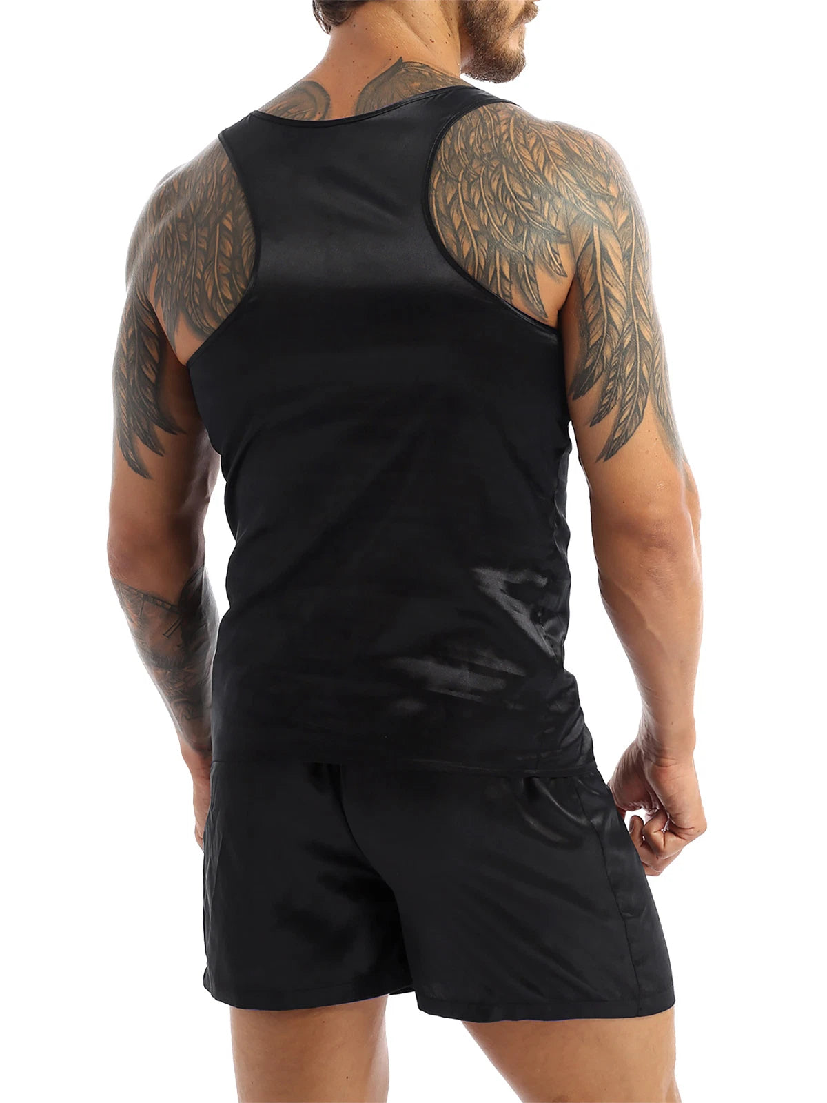 Mens Satin Pajamas Set Lounge Shorts Tank Top Silk Shirt Sleepwear Nightwear