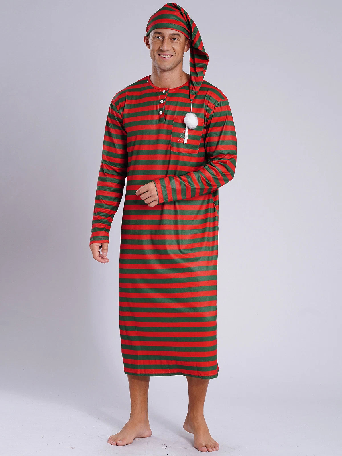 Men's Nightshirt Striped Loose Sleepwear Night Pajama Set Robe with Sleeping Cap