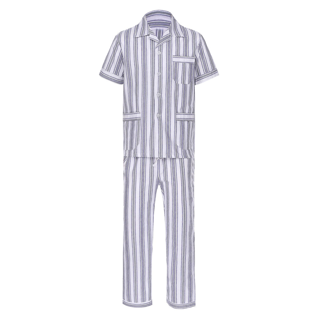 Mens Pajama Set Button Down Sleepwear Shirt Homewear Striped Nightgown Pockets